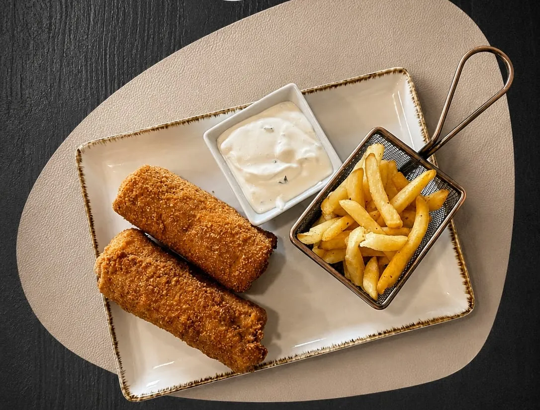 Pohane palačinke sa šunkom i sirom, pommes i tartar